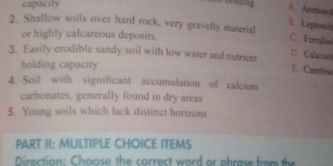 capacity
A.Arenosol
2. Shallow soils over hard rock, very gravelly material
B. Leptosol
or highly calcareous deposits.
C. Ferralso
D. Calcisol
3. Easily erodible sandy soil with low water and nutrient E Cambis
holding capacity
4. Soil with significant accumulation of calcium
carbonates, generally found in dry areas
5. Young soils which lack distinct horizons
PART II: MULTIPLE CHOICE ITEMS
Direction: Choose the correct word or phrase from the