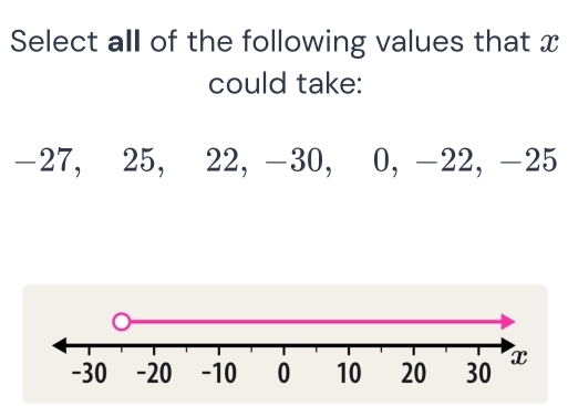 Select all of the following values that x
could take:
-27, 25, 22, -30, 0, -22, -25