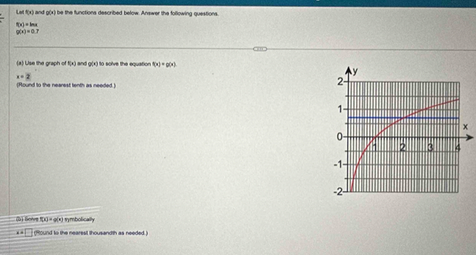 Lot f(x) and g(x) be the functions described below. Answer the following questions.
f(x)=ln x
g(x)=0 7 
(a) Use the graph of f(x) and g(x) to solve the equation f(x)=g(x)
x=2
(Round to the nearest tenth as needed.) 
(b) Solve f(x)=g(x) symbolically 
4□ (Round to the nearest thousandth as needed.)