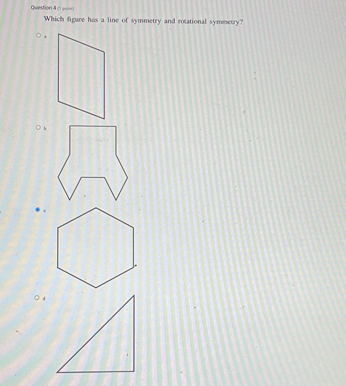 Which figure has a line of symmetry and rotational symmetry? 
a 
b