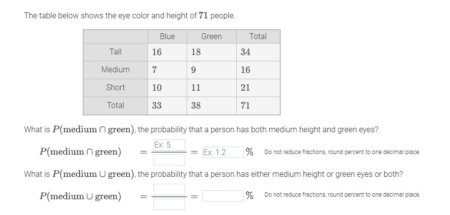 The table below shows the eye color and height of 71 people.
What is P(medium ∩ green), the probability that a person has both medium height and green eyes?
P(medium∩green) = □ /□  =Ex:1.2% Do not reduce fractions, round percent to one decimal place.
What is P (medium U green), the probability that a person has either medium height or green eyes or both?
P(medium ∪green) = □ /□  =□ % Do not reduce fractions, round percent to one decimal place.