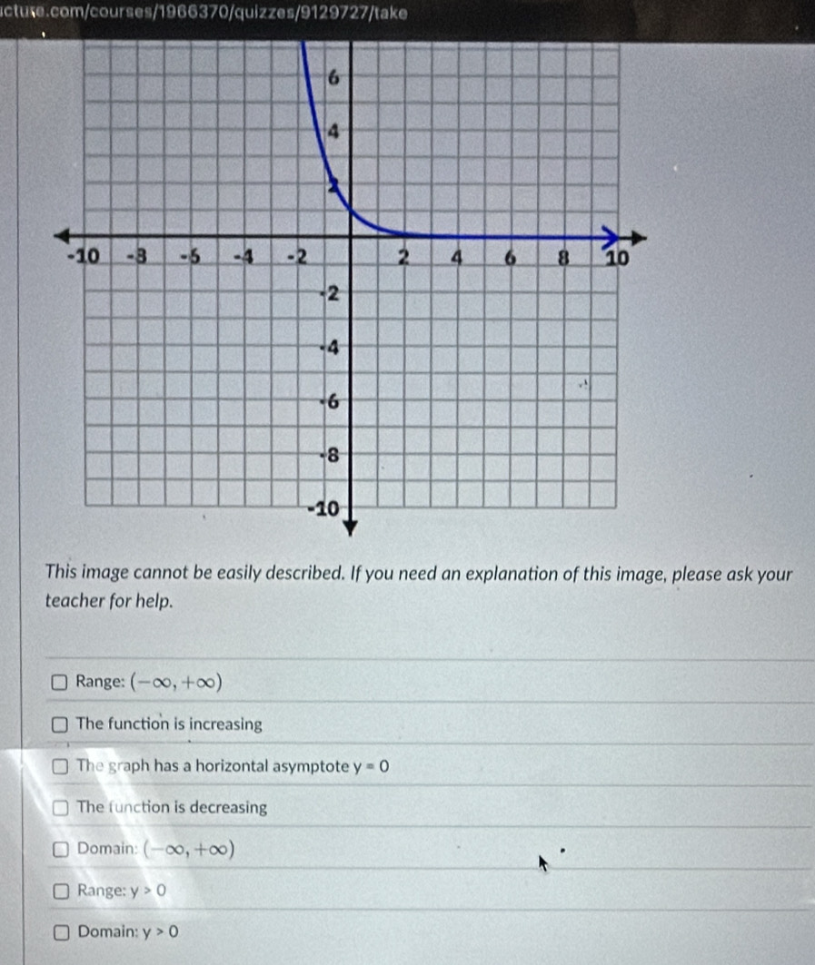 This image cannot be easily described. If you need an explanation of this image, please ask your
teacher for help.
Range: (-∈fty ,+∈fty )
The function is increasing
The graph has a horizontal asymptote y=0
The function is decreasing
Domain: (-∈fty ,+∈fty )
Range: y>0
Domain: y>0