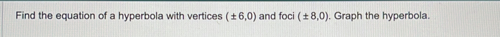 Find the equation of a hyperbola with vertices (± 6,0) and foci (± 8,0). Graph the hyperbola.