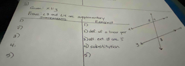 Civen: * 11y
Prove: ∠ 3 and ∠ 4 are supplementary 
D 
STmCmEINTS PNSONS 
D 
27 i def. of a linear pair 
3) 
B)alt. ext. Is are 5
4. () substitution 
5) 
5