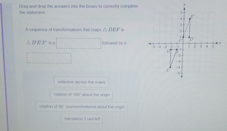 Drag and drop the answers into the boxes to correctly complete
the statement. 
A sequence of transformations that maps △ DEF 10
△ D'EF'≌ △ □ followed by a
□
reflection across the .
rotation of 180° about the origin
retation of 90° counterclookwise about the ongin
translation 1 unt lef