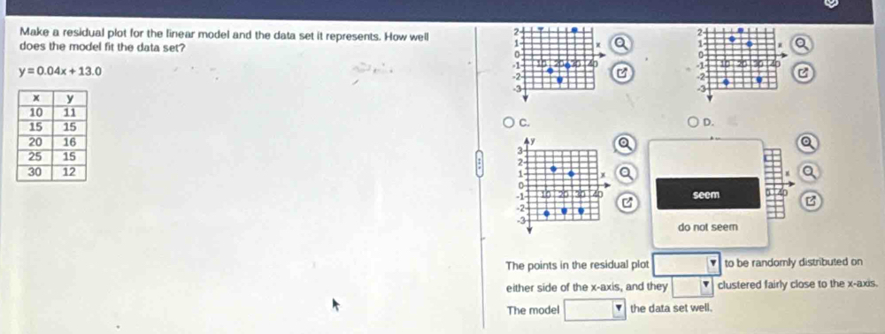 2-
2-
Make a residual plot for the linear model and the data set it represents. How well 1 1 . a
does the model fit the data set?
0
-1 10 10 20 30 40
y=0.04x+13.0 206 40 C -2 C
-2
3
-3
C.
D.
a a
4y
3
2
Q Q
1 x
0
-1 10 20 20 40B
-2.
3
The points in the residual plot to be randomly distributed on
either side of the x-axis, and they clustered fairly close to the x-axis.
The model the data set well.