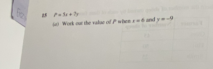 15 P=5x+7y
(@) Work out the value of