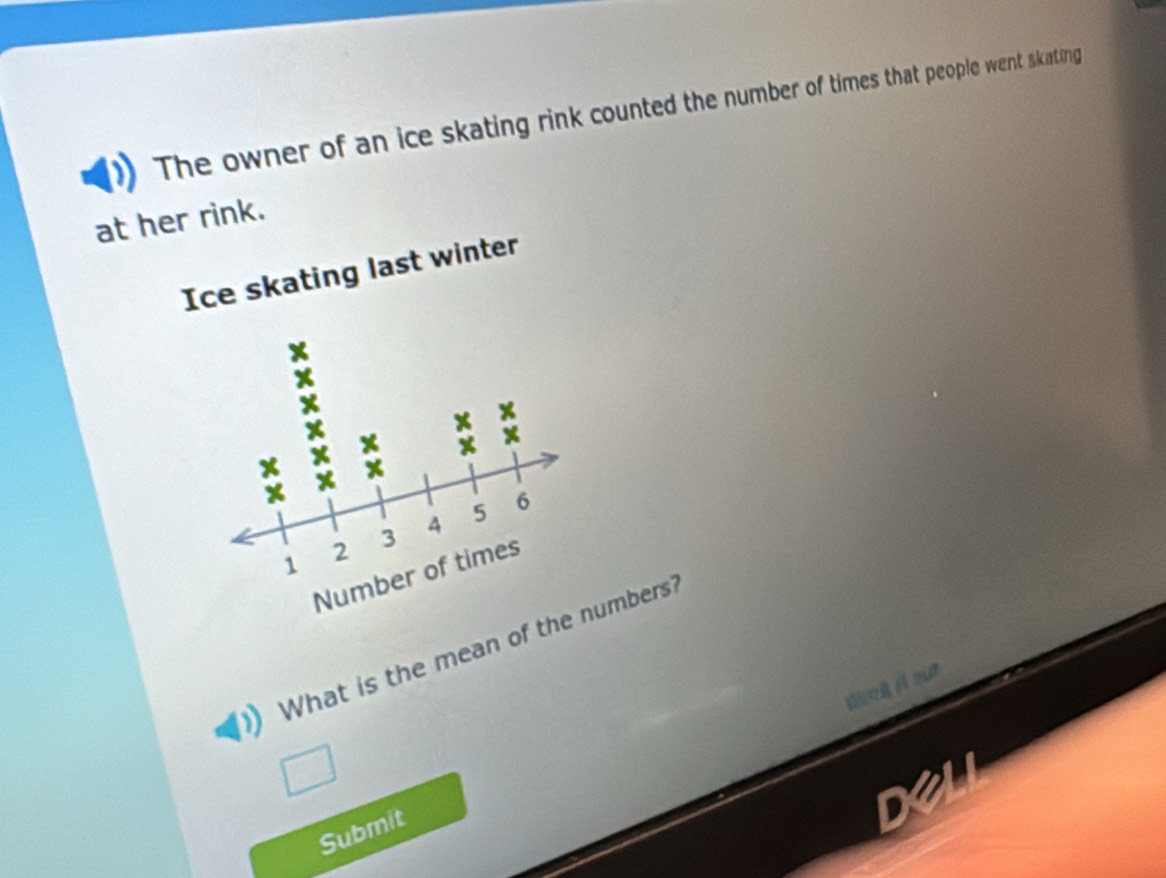 The owner of an ice skating rink counted the number of times that people went skating 
at her rink. 
Ice skating last winter 
What is the mean of thumbers? 
a 
Submit