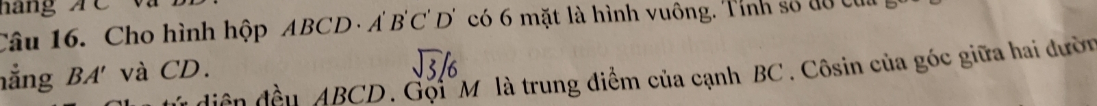 hang
Câu 16. Cho hình hộp A ABCD· A'B'C'D' có 6 mặt là hình vuông. Tính số đổ cư
hẳng BA' và CD.
J3/6
diện đều ABC D. Gội M là trung điểm của cạnh BC. Côsin của góc giữa hai đườn