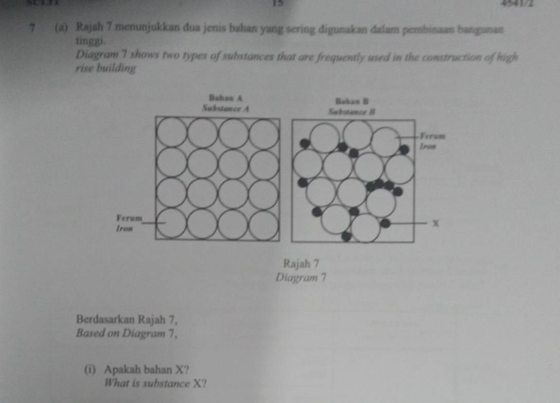 15 4541/2 
7 (a) Rajah 7 menunjukkan dua jenis bahan yang sering digunakan dalam pembinaan bangunan 
tinggi. 
Diagram 7 shows two types of substances that are frequently used in the construction of high 
rise building 
Rajah 7 
Diagram 7 
Berdasarkan Rajah 7, 
Based on Diagram 7, 
(i) Apakah bahan X? 
What is substance X?