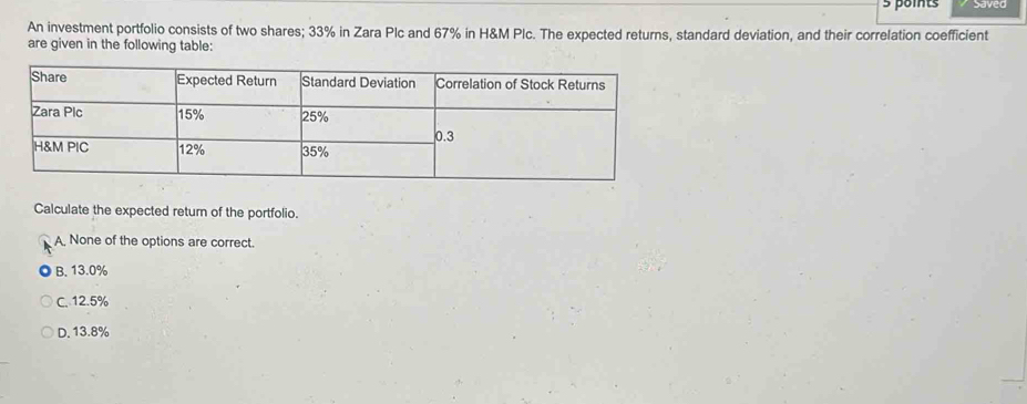 Saved
An investment portfolio consists of two shares; 33% in Zara Plc and 67% in H&M PIc. The expected returns, standard deviation, and their correlation coefficient
are given in the following table:
Calculate the expected return of the portfolio.
A, None of the options are correct.
B. 13.0%
C. 12.5%
D. 13.8%