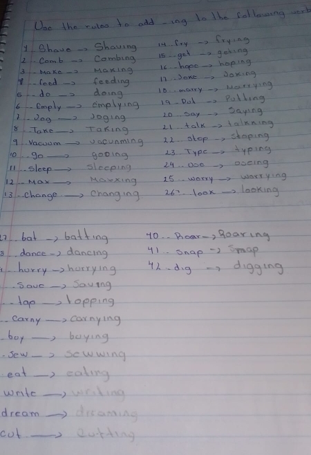 Ooo the rules to odd ing ts the collowing work 
yBhave → Shaving 14. fry -> frying 
2. Comb -o Combing 15 get -a gebing 
3makeI MaKInG Ic. hope _ hoping 
-feed feeding 17. JOke _ 2 DoKing 
5. do doing 10. mory - 2 Narrying 
6 Emply emplying 19. Dot -o Polking 
I. Dog _ 2 Doging 10 say 2 saying 
8 Toke raking 21 talkstalnning 
9. Vacom_ vacunming 22. slop, shoping 
10 go gooing 23. Type -2 +yping 
11.. sleep sleeping 24 -Use ooeing 
12- Max Manxing 15 worry warrying 
13 -change changing 26? look 2 looking 
17 bat, batting 40. Bear-, goaring 
8, dance-) dancing 41. snap -) Smap 
horry harrying 41. d.g - digging 
Sove Sauing 
top lopping 
carny , carnying 
boy __boying 
Sew _scwwing 
eat _eating 
write ,wedting 
dream diaring 
cot eoring