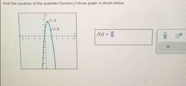 Find the equation of the quadratic function fwhose graph is shown below.
f(x)=□
 □ /□  
×