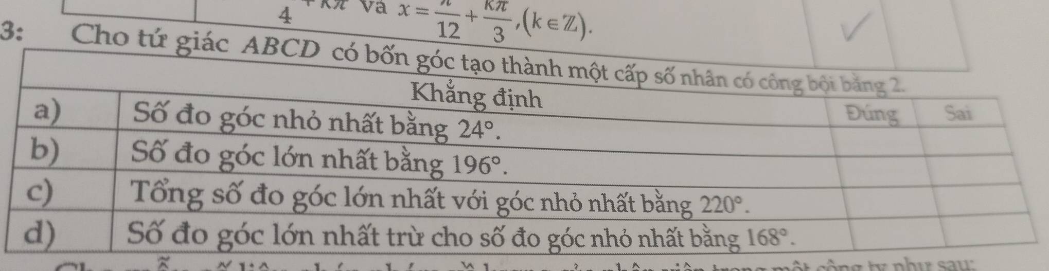 va x= π /12 + kπ /3 ,(k∈ Z).
3: Cho tứ