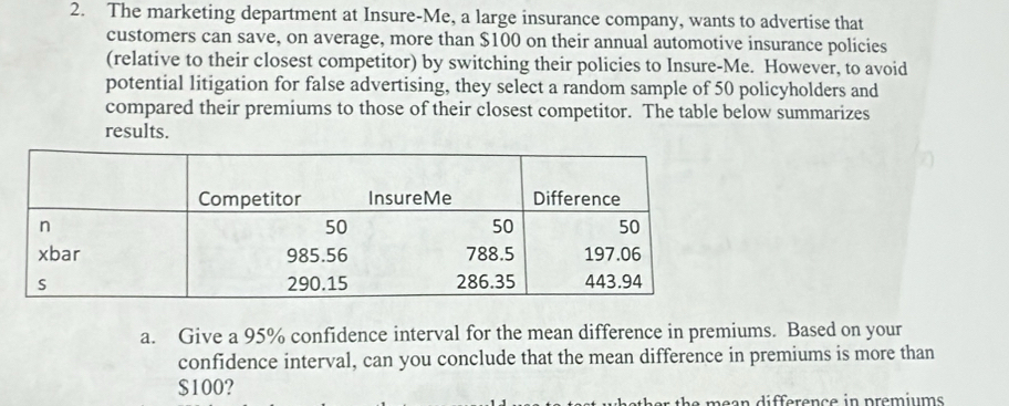 The marketing department at Insure-Me, a large insurance company, wants to advertise that 
customers can save, on average, more than $100 on their annual automotive insurance policies 
(relative to their closest competitor) by switching their policies to Insure-Me. However, to avoid 
potential litigation for false advertising, they select a random sample of 50 policyholders and 
compared their premiums to those of their closest competitor. The table below summarizes 
results. 
a. Give a 95% confidence interval for the mean difference in premiums. Based on your 
confidence interval, can you conclude that the mean difference in premiums is more than
$100? 
the the mean difference in premiums .