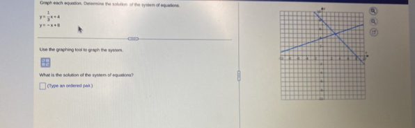 Graph each equation. Determine the solution of the system of equations.
y= 1/3 x+4
y=-x+8. 
Lise the graphing tool to graph the system.
What is the solution of the system of equations?
(Type an ordered pair.)