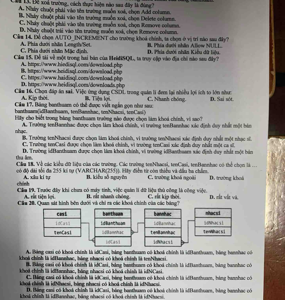 Cầu 13. Để xoá trường, cách thực hiện nào sau đây là đúng?
A. Nháy chuột phải vào tên trường muốn xoá, chọn Add column.
B. Nháy chuột phải vào tên trường muốn xoá, chọn Delete column.
C. Nháy chuột phải vào tên trường muốn xoá, chọn Remove column.
D. Nháy chuột trái vào tên trường muốn xoá, chọn Remove column.
Câu 14. Để chọn AUTO_INCREMENT cho trường khoá chính, ta chọn ở vị trí nào sau đây?
A. Phía dưới nhãn Length/Set. B. Phía dưới nhãn Allow NULL.
C. Phía dưới nhãn Mặc định. D. Phía dưới nhãn Kiều dữ liệu.
Câu 15. Để tải về một trong hai bản của HeidiSQL, ta truy cập vào địa chỉ nào sau đây?
A. https://www.hiedisql.com/download.php
B. https://www.heidisql.com/download.php
C. https://www.haidisql.com/download.php
D. https://www.heidisql.com/downloads.php
Câu 16. Chọn đáp án sai. Việc ứng dụng CSDL trong quản lí đem lại nhiều lợi ích to lớn như:
A. Kịp thời. B. Tiện lợi. C. Nhanh chóng. D. Sai sót.
Câu 17. Bảng banthuam có thể được viết ngắn gọn như sau:
banthuam(idBanthuam, tenBannhac, tenNhacsi, tenCasi)
Hãy cho biết trong bảng banthuam trường nào được chọn làm khoá chính, vì sao?
A. Trường tenBannhac được chọn làm khoá chính, vì trường tenBannhac xác định duy nhất một bản
nhạc.
B. Trường tenNhacsi được chọn làm khoá chính, vì trường tenNhacsi xác định duy nhất một nhạc sĩ.
C. Trường tenCasi được chọn làm khoá chính, vì trường tenCasi xác định duy nhất một ca sĩ.
D. Trường idBanthuam được chọn làm khoá chính, vì trường idBanthuam xác định duy nhất một bản
thu âm.
Câu 18. Về các kiều dữ liệu của các trường. Các trường tenNhacsi, tenCasi, tenBannhac có thể chọn là ...
có độ dài tối đa 255 kí tự (VARCHAR(255)). Hãy điền từ còn thiếu và dấu ba chấm.
A. xâu kí tự B. kiểu số nguyên C. trường khoá ngoài D. trường khoá
chính
Câu 19. Trước đây khi chưa có máy tính, việc quản lí dữ liệu thủ công là công việc.
A. rất tiện lợi. B. rất nhanh chóng. C. rất kịp thời. D. rất vất và.
Câu 20. Quan sát hình bên dưới và chỉ ra các khoá chính của các bảng?
casi banthuam bannhac nhacsi
idCasi idBanthuam idBannhac idNhacsi
tenCasi idBannhac tenBannhac tenNhacsi
idCasi idNhacsi
A. Bảng casi có khoá chính là idCasi, bảng banthuam có khoá chính là idBanthuam, bảng bannhac có
khoá chính là idBannhac, bảng nhacsi có khoá chính là tenNhacsi.
B. Bảng casi có khoá chính là idCasi, bảng banthuam có khoá chính là idBanthuam, bảng bannhac có
khoá chính là idBannhac, bảng nhacsi có khoá chính là idNCasi.
C. Bảng casi có khoá chính là idCasi, bảng banthuam có khoá chính là idBanthuam, bảng bannhac có
khoá chính là idNhacsi, bảng nhacsi có khoá chính là idNhacsi.
D. Bảng casi có khoá chính là idCasi, bảng banthuam có khoá chính là idBanthuam, bảng bannhac có
khoá chính là idBannhac, bảng nhacsi có khoá chính là idNhacsi.