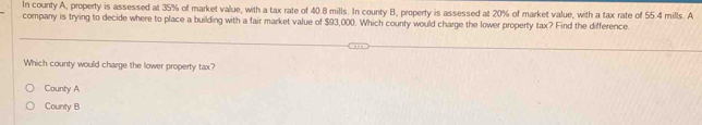 In county A, property is assessed at 35% of market value, with a tax rate of 40.8 mills. In county B, property is assessed at 20% of market value, with a tax rate of 55.4 mills. A
company is trying to decide where to place a building with a fair market value of $93,000. Which county would charge the lower property tax? Find the difference.
Which county would charge the lower property tax?
County A
County B