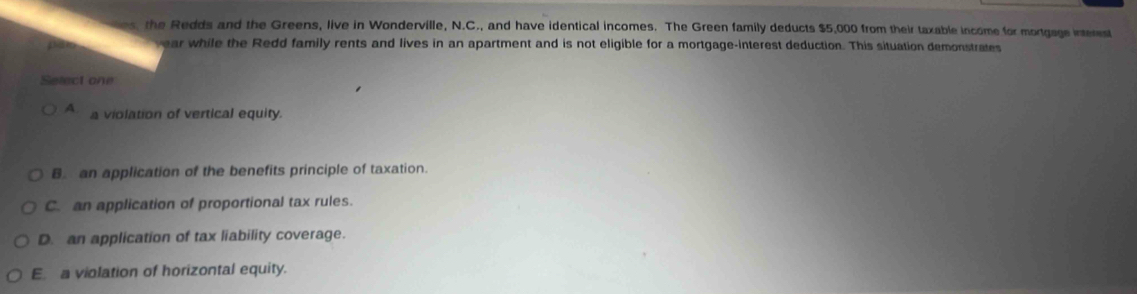 es, the Redds and the Greens, live in Wonderville, N.C., and have identical incomes. The Green family deducts $5,000 from their taxable income for mortgage interest
e year while the Redd family rents and lives in an apartment and is not eligible for a mortgage-interest deduction. This situation demonstrates
Select one
A. a violation of vertical equity.
B. an application of the benefits principle of taxation.
C. an application of proportional tax rules.
D. an application of tax liability coverage.
E. a violation of horizontal equity.