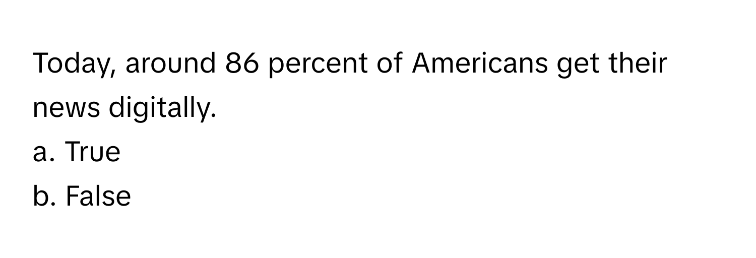 Today, around 86 percent of Americans get their news digitally.  
a. True  
b. False