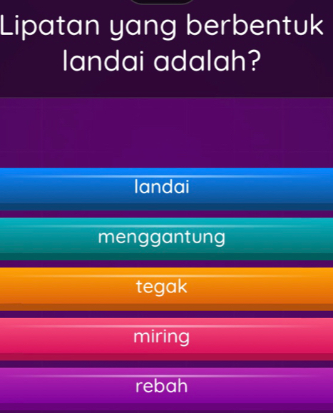 Lipatan yang berbentuk
landai adalah?
landai
menggantung
tegak
miring
rebah