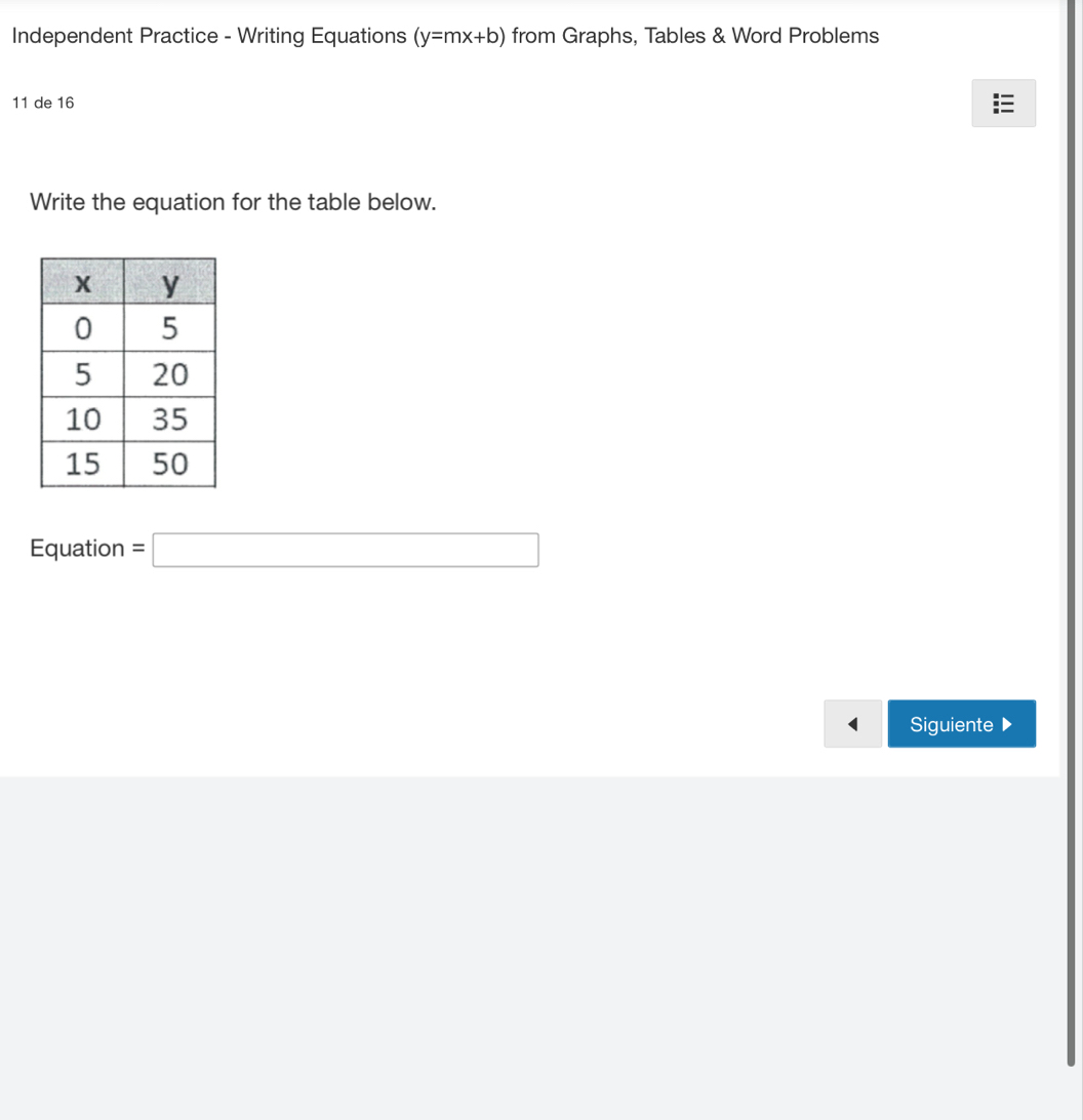 Independent Practice - Writing Equations (y=mx+b) from Graphs, Tables & Word Problems 
11 de 16 
Write the equation for the table below. 
Equation =□
Siguiente D