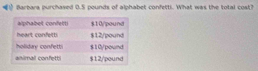 Barbara purchased 0.5 pounds of alphabet confetti. What was the total cost?