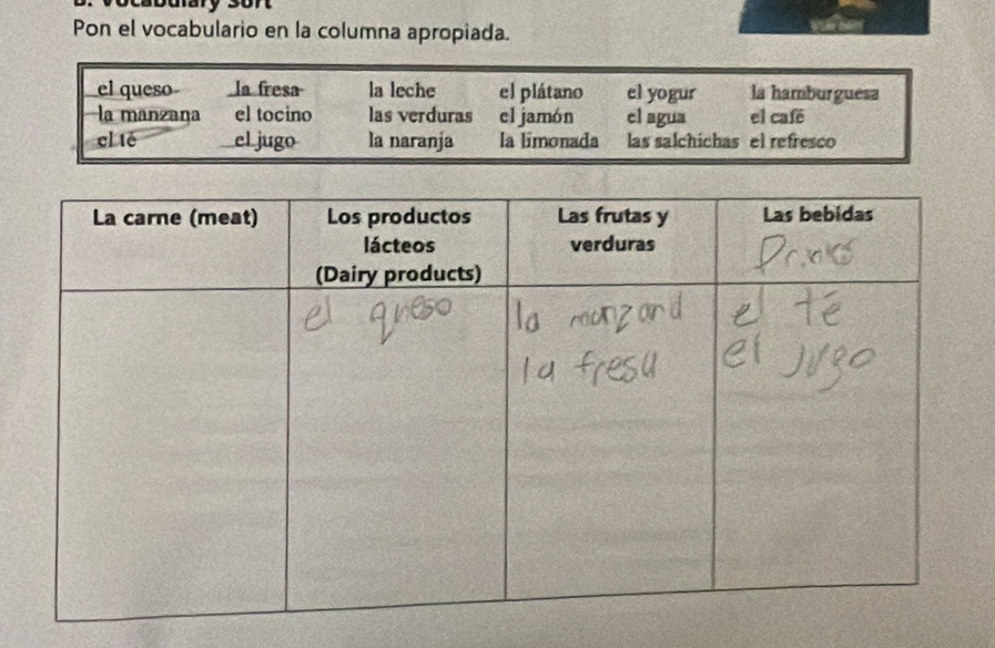 Pon el vocabulario en la columna apropiada.