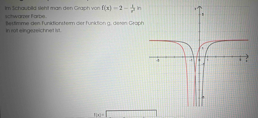 Im Schaubild sieht man den Graph von f(x)=2- 1/x^2  in 
schwarzer Farbe. 
Bestimme den Funktionsterm der Funktion g, deren Graph 
In rot eingezeichnet ist.
f(x)=□