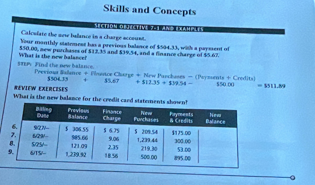 Skills and Concepts 
SECTION OBJECTIVE 7-1 AND EXAMPLES 
Calculate the new balance in a charge account. 
Your monthly statement has a previous balance of $504.33, with a payment of
$50.00, new purchases of $12.35 and $39.54, and a finance charge of $5.67. 
What is the new balance? 
STEP: Find the new balance. 
Previous Balance + Finance Charge + New Purchases - (Payments + Credits)
$504.33 + $5.67+$12.35+$39.54- $50.00 =5511.89
REVIEW EXERCISES 
What is the new balance for the credit card statem 
。