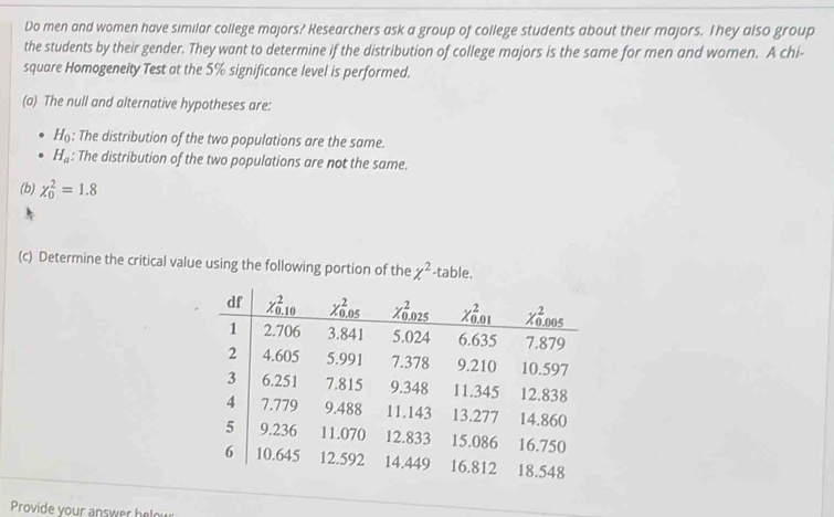 Do men and women have similar college majors? Researchers ask a group of college students about their majors. They also group
the students by their gender. They want to determine if the distribution of college majors is the same for men and women. A chi-
square Homogeneity Test at the 5% significance level is performed.
(a) The null and alternative hypotheses are:
H_0 : The distribution of the two populations are the same.
H_a : The distribution of the two populations are not the same.
(b) chi _0^(2=1.8
(c) Determine the critical value using the following portion of the x^2) -table.
Provide your answer helou