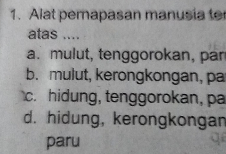 Alat pernapasan manusia ter
atas ....
a. mulut, tenggorokan, pan
b. mulut, kerongkongan, pa
c. hidung, tenggorokan, pa
d. hidung, kerongkongan
paru