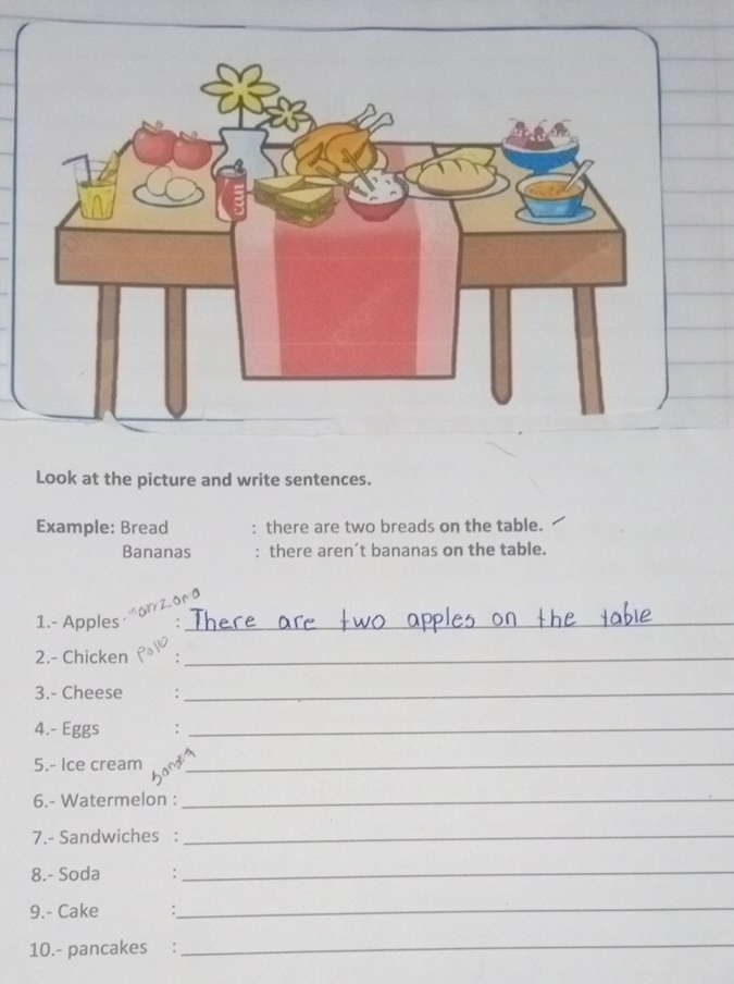 Look at the picture and write sentences. 
Example: Bread : there are two breads on the table. 
Bananas : there aren’t bananas on the table. 
1.- Apples_ 
2.- Chicken_ 
3.- Cheese_ 
4.- Eggs :_ 
5.- Ice cream_ 
6.- Watermelon :_ 
7.- Sandwiches :_ 
8.- Soda :_ 
9.- Cake 
_ 
10.- pancakes :_