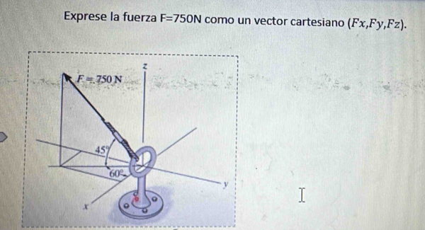 Exprese la fuerza F=750N como un vector cartesiano (Fx,Fy,Fz).