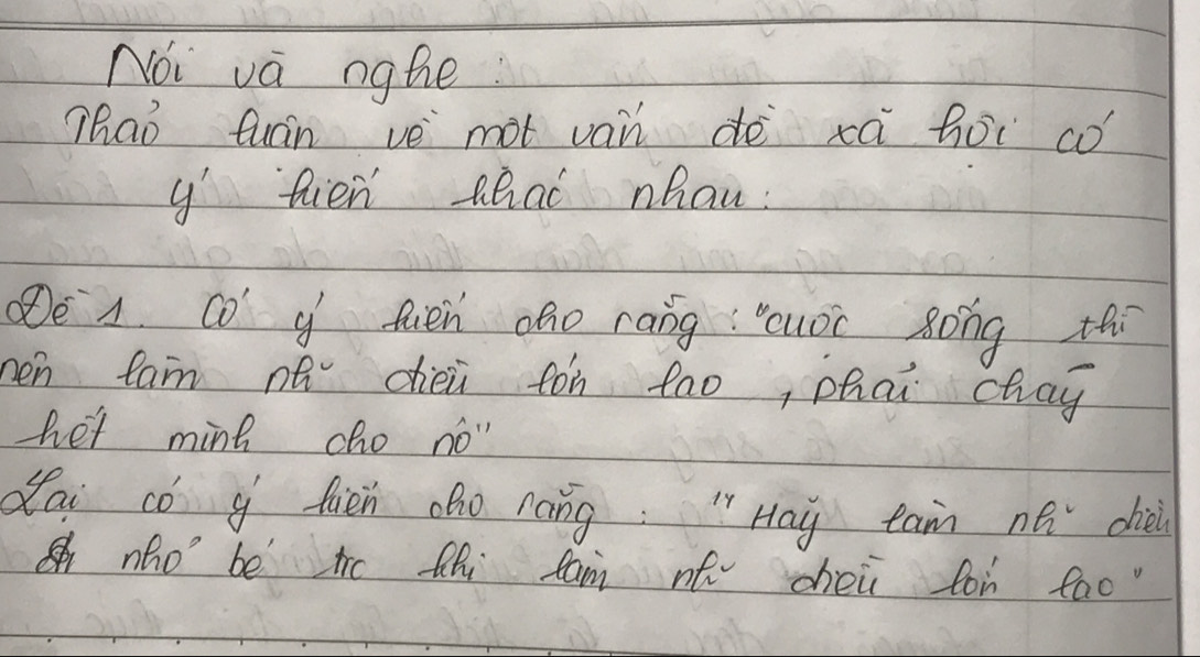 Noi va nghe 
Thao tuán ve mot vai dè cā hoi co 
y' fien ahad nhan: 
e 1. Co g fién aho rang uoc song thi 
nen fam nQ dièi tòh fao, phai chay 
het mint cho no 
dai có g fiēn oho náng "Hay tam ne chie 
nho’ be tro thi fam nt cheù lon fao