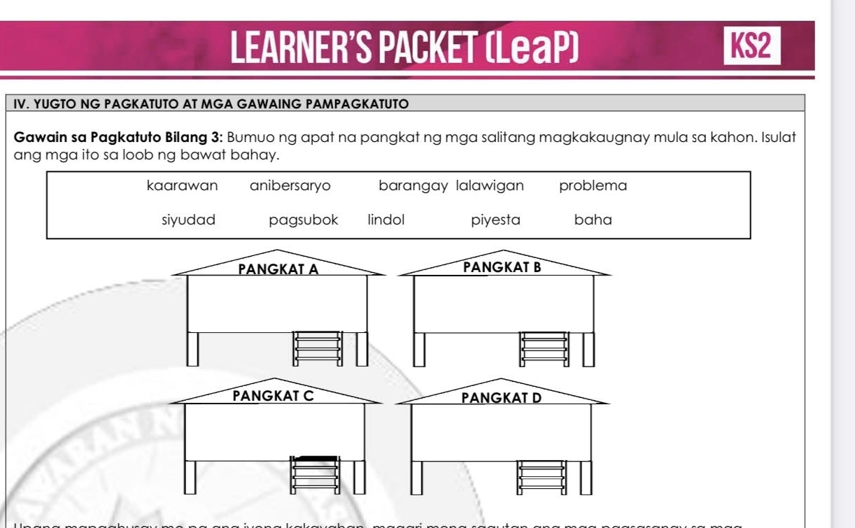 LEARNER'S PACKET (LeaP) KS2 
IV. YUGTO NG PAGKATUTO AT MGA GAWAING PAMPAGKATUTO 
Gawain sa Pagkatuto Bilang 3: Bumuo ng apat na pangkat ng mga salitang magkakaugnay mula sa kahon. Isulat 
a