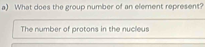 What does the group number of an element represent? 
The number of protons in the nucleus