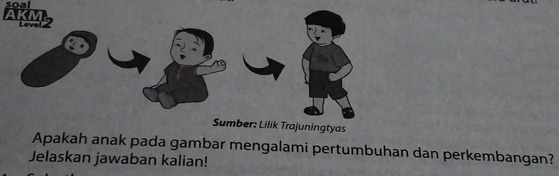 soal 
ilik Trajuningtyas 
Apakah anak pada gambar mengalami pertumbuhan dan perkembangan? 
Jelaskan jawaban kalian!