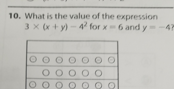 What is the value of the expression
3* (x+y)-4^2 for x=6 and y=-4