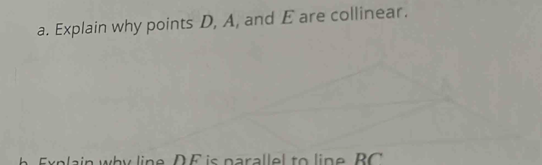 Explain why points D, A, and E are collinear.