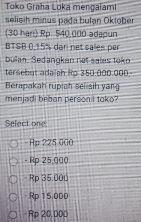 Toko Graha Loka mengalami
selisih minus pada bulan Oktober
(30 hari) Rp. 540,000 adapun
BTSB 0,15% dari net sales per
bulan. Sedangkan net sales toko
tersebut adalah Rp 350.000.000,-.
Berapakah rupiah selisih yang
menjadi beban personil toko?
Select one.
- Rp 225.000
- Rp 25.000
- Rp 35.000
- Rp 15.000
- Rp 20.000