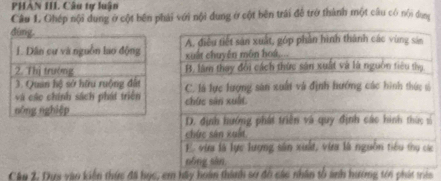 PHAN II. Câu tự luận 
Câu 1. Ghép nội dung ở cột bên phải với nội dung ở cột bên trái đề trở thành một câu có nội dụng 
c 
Câu 2. Da vào kiến thức đã bọc, em hãy hoàn thành sơ đờ các nhân tổ anh hương trn phát tric