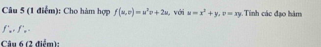 Cho hàm hợp f(u,v)=u^2v+2u , với u=x^2+y, v=xy. Tính các đạo hàm
f'_u, f'_v. 
Câu 6 (2 điểm):