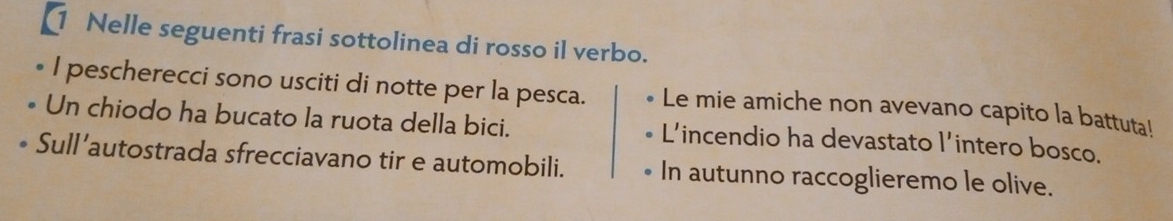 Nelle seguenti frasi sottolinea di rosso il verbo. 
I pescherecci sono usciti di notte per la pesca. Le mie amiche non avevano capito la battuta! 
• Un chiodo ha bucato la ruota della bici. L’incendio ha devastato l'intero bosco, 
Sull’autostrada sfrecciavano tir e automobili. In autunno raccoglieremo le olive.