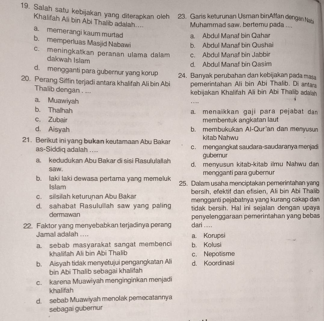 Salah satu kebijakan yang diterapkan oleh 23. Garis keturunan Usman binAffan dengan Nabi
Khalifah Ali bin Abi Thalib adalah....
Muhammad saw. bertemu pada ....
a. memerangi kaum murtad
a. Abdul Manaf bin Qahar
b. memperluas Masjid Nabawi
b. Abdul Manaf bin Qushai
c. meningkatkan peranan ulama dalam c. Abdul Manaf bin Jabbir
dakwah Islam
d. Abdul Manaf bin Qasim
d. mengganti para gubernur yang korup 24. Banyak perubahan dan kebijakan pada masa
20. Perang Siffin terjadi antara khalifah Ali bin Abi pemerintahan Ali bin Abi Thalib. Di antara
Thalib dengan . ...
kebijakan Khalifah Ali bin Abi Thalib adalah
a. Muawiyah
…
b. Thalhah a. menaikkan gaji para pejabat dan
c. Zubair membentuk angkatan laut
d. Aisyah b. membukukan Al-Qur'an dan menyusun
21. Berikut ini yang bukan keutamaan Abu Bakar kitab Nahwu
as-Siddiq adalah .... c. mengangkat saudara-saudaranya menjadi
gubernur
a. kedudukan Abu Bakar di sisi Rasululallah d. menyusun kitab-kitab ilmu Nahwu dan
saw.
mengganti para gubernur
b. laki laki dewasa pertama yang memeluk 25. Dalam usaha menciptakan pemerintahan yang
Islam
bersih, efektif dan efisien, Ali bin Abi Thalib
c. silsilah keturunan Abu Bakar
mengganti pejabatnya yang kurang cakap dan
d. sahabat Rasulullah saw yang paling tidak bersih. Hal ini sejalan dengan upaya
dermawan
penyelenggaraan pemerintahan yang bebas
22. Faktor yang menyebabkan terjadinya perang dari ...
Jamal adalah .... a. Korupsi
a. sebab masyarakat sangat membenci b. Kolusi
khalifah Ali bin Abi Thalib c. Nepotisme
b. Aisyah tidak menyetujui pengangkatan Ali d. Koordinasi
bin Abi Thalib sebagai khalifah
c. karena Muawiyah menginginkan menjadi
khalifah
d. sebab Muawiyah menolak pemecatannya
sebagai gubernur