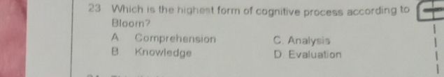 Which is the highest form of cognitive process according to
Bloomn?
A Comprehension C. Analysis
B Knowledge D. Evaluation