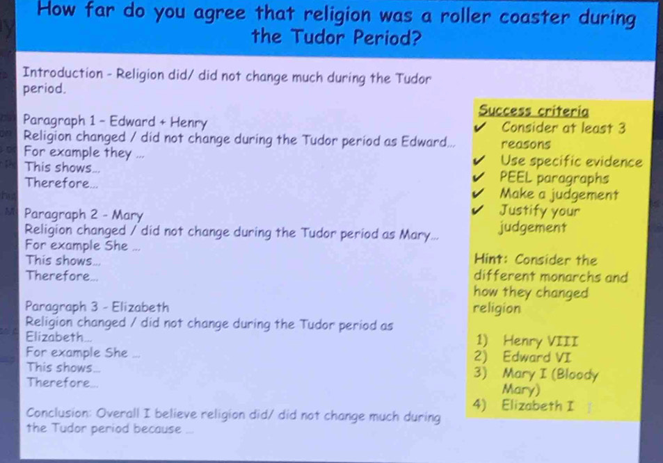 How far do you agree that religion was a roller coaster during 
the Tudor Period? 
Introduction - Religion did/ did not change much during the Tudor 
period. 
Success criteria 
Paragraph 1 - Edward + Henry Consider at least 3
Religion changed / did not change during the Tudor period as Edward... reasons 
. D For example they ... Use specific evidence 
This shows... PEEL paragraphs 
Therefore... Make a judgement 
hut Justify your 
M Paragraph 2 - Mary 
Religion changed / did not change during the Tudor period as Mary... judgement 
For example She ... Hint: Consider the 
This shows... different monarchs and 
Therefore... how they changed 
Paragraph 3 - Elizabeth religion 
Religion changed / did not change during the Tudor period as 
Elizabeth... 
1) Henry VIII 
For example She ... 2) Edward VI 
This shows 3) Mary I (Bloody 
Therefore 
Mary) 
4) Elizabeth I 
Conclusion: Overall I believe religion did/ did not change much during 
the Tudor period because