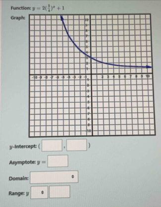 Function:
Graph:
y-Intercept: (□ ,□ )
Asymptote: y=□
Domain: □°
Range: y · □