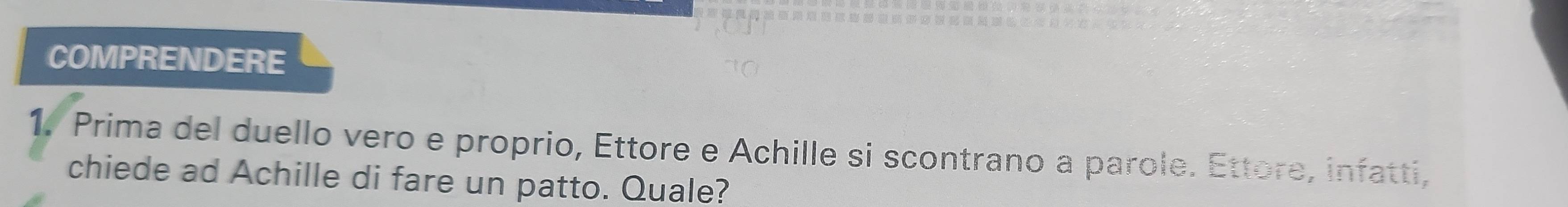 COMPRENDERE 
1. Prima del duello vero e proprio, Ettore e Achille si scontrano a parole. Ettore, infatti, 
chiede ad Achille di fare un patto. Quale?