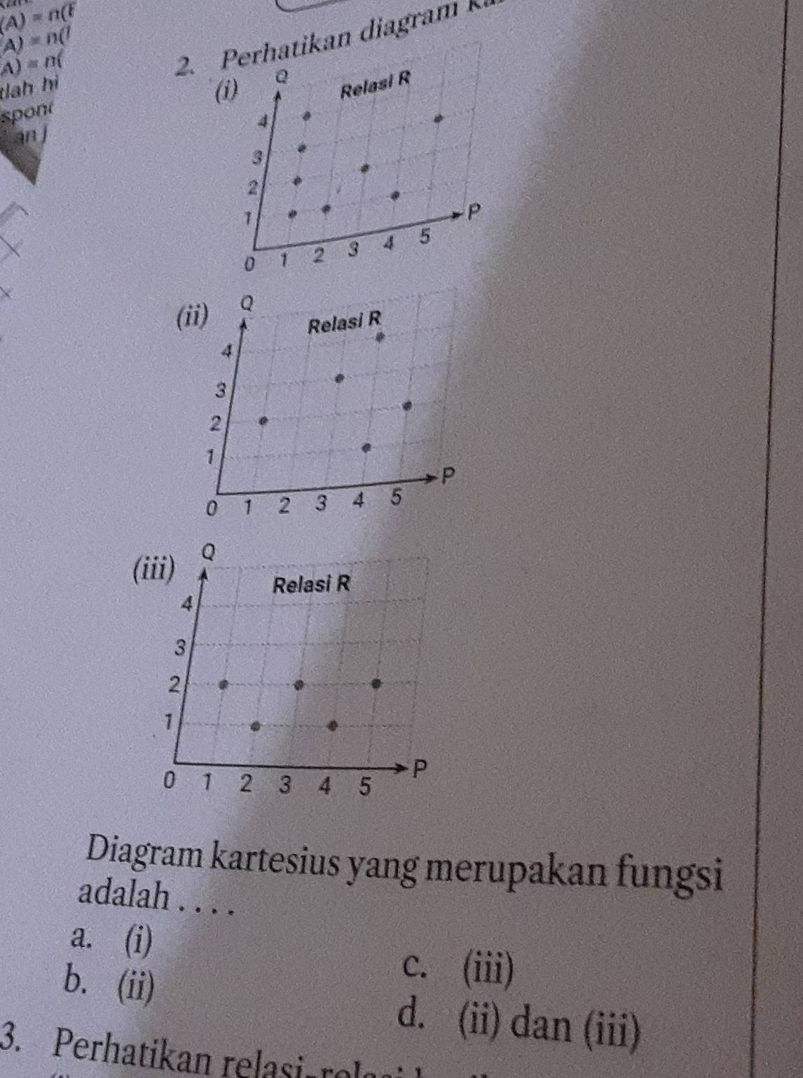 (A)=n(overline t
A)=n(l
A)=n(
2. Perhatikan diagram k.
ah hì
(i) Q
Relasi R
spont
4
an J
3
2
1
P
0 1 2 3 4 5
(iii)
Q
Relasi R
4
3
2
1
0 1 2 3 4 5
P
Diagram kartesius yang merupakan fungsi
adalah . . . .
a. (i)
b. (ii)
c. (iii)
d. (ii) dan (iii)
3. Perhatikan relasi rola